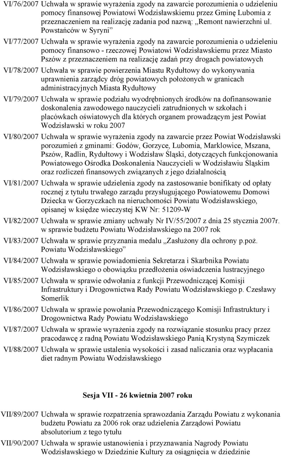 Powstańców w Syryni VI/77/2007 Uchwała w sprawie wyrażenia zgody na zawarcie porozumienia o udzieleniu pomocy finansowo - rzeczowej Powiatowi Wodzisławskiemu przez Miasto Pszów z przeznaczeniem na