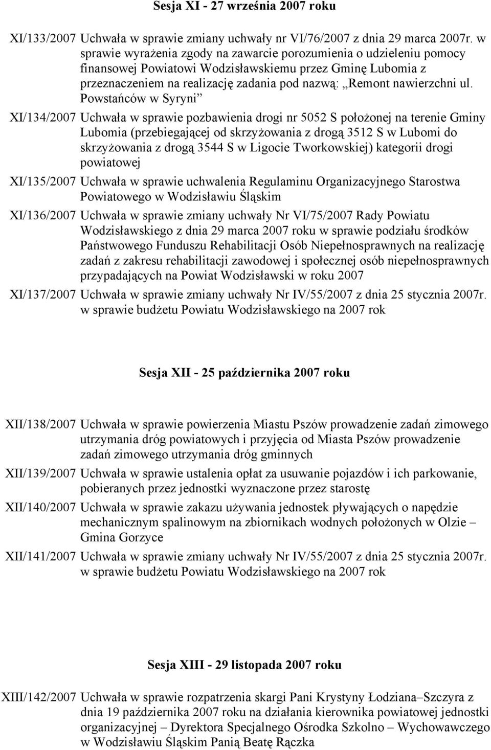 Powstańców w Syryni XI/134/2007 Uchwała w sprawie pozbawienia drogi nr 5052 S położonej na terenie Gminy Lubomia (przebiegającej od skrzyżowania z drogą 3512 S w Lubomi do skrzyżowania z drogą 3544 S