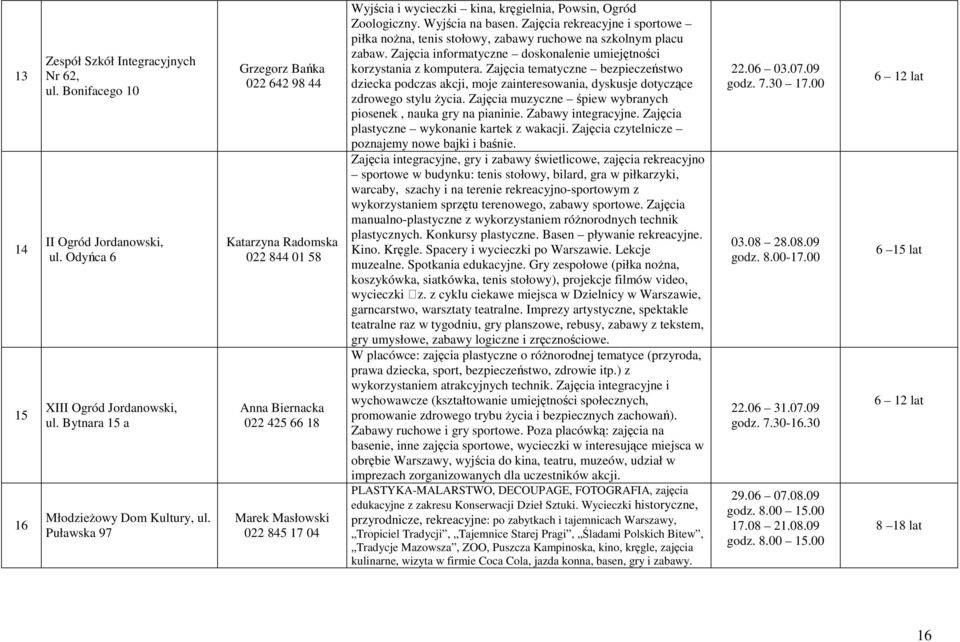 Wyjścia na basen. Zajęcia rekreacyjne i sportowe piłka noŝna, tenis stołowy, zabawy ruchowe na szkolnym placu zabaw. Zajęcia informatyczne doskonalenie umiejętności korzystania z komputera.