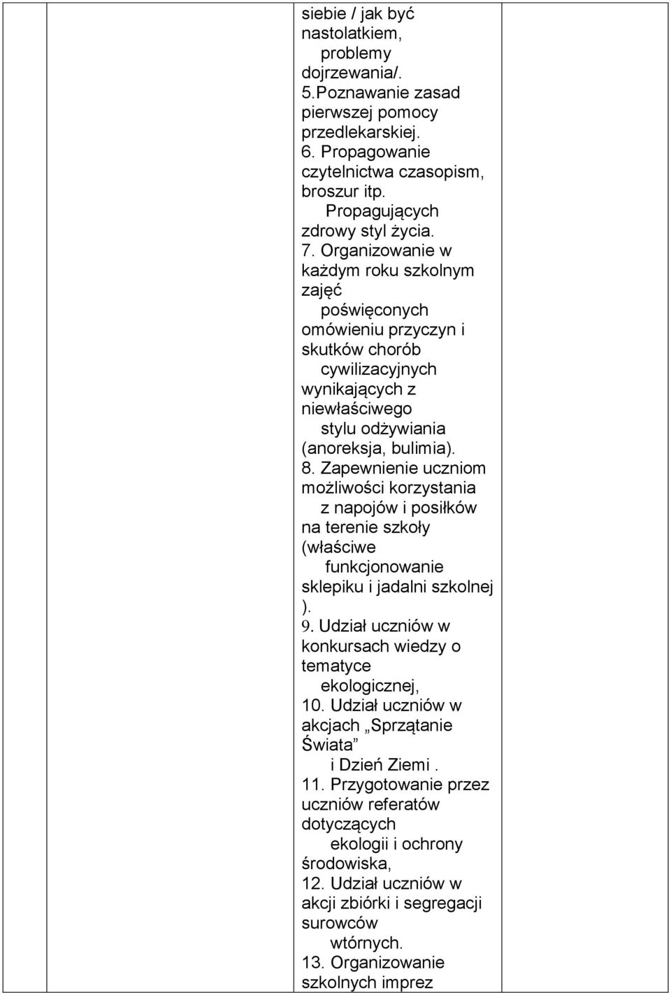 Zapewnienie uczniom możliwości korzystania z napojów i posiłków na terenie szkoły (właściwe funkcjonowanie sklepiku i jadalni szkolnej ). 9.
