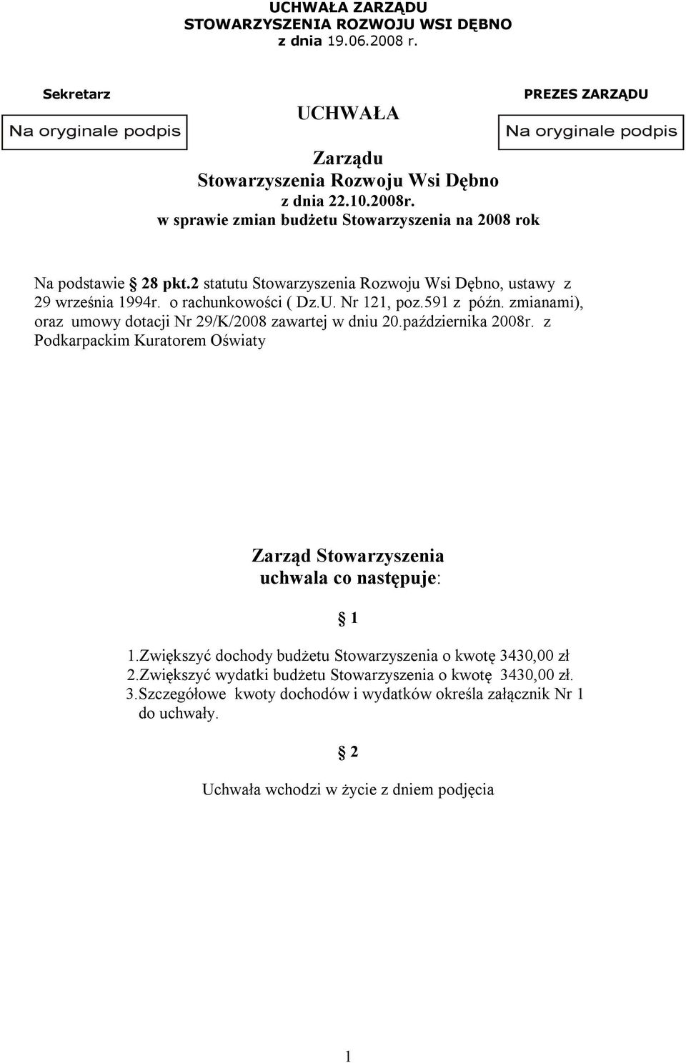 z Podkarpackim Kuratorem Oświaty.Zwiększyć dochody budżetu Stowarzyszenia o kwotę 3430,00 zł 2.