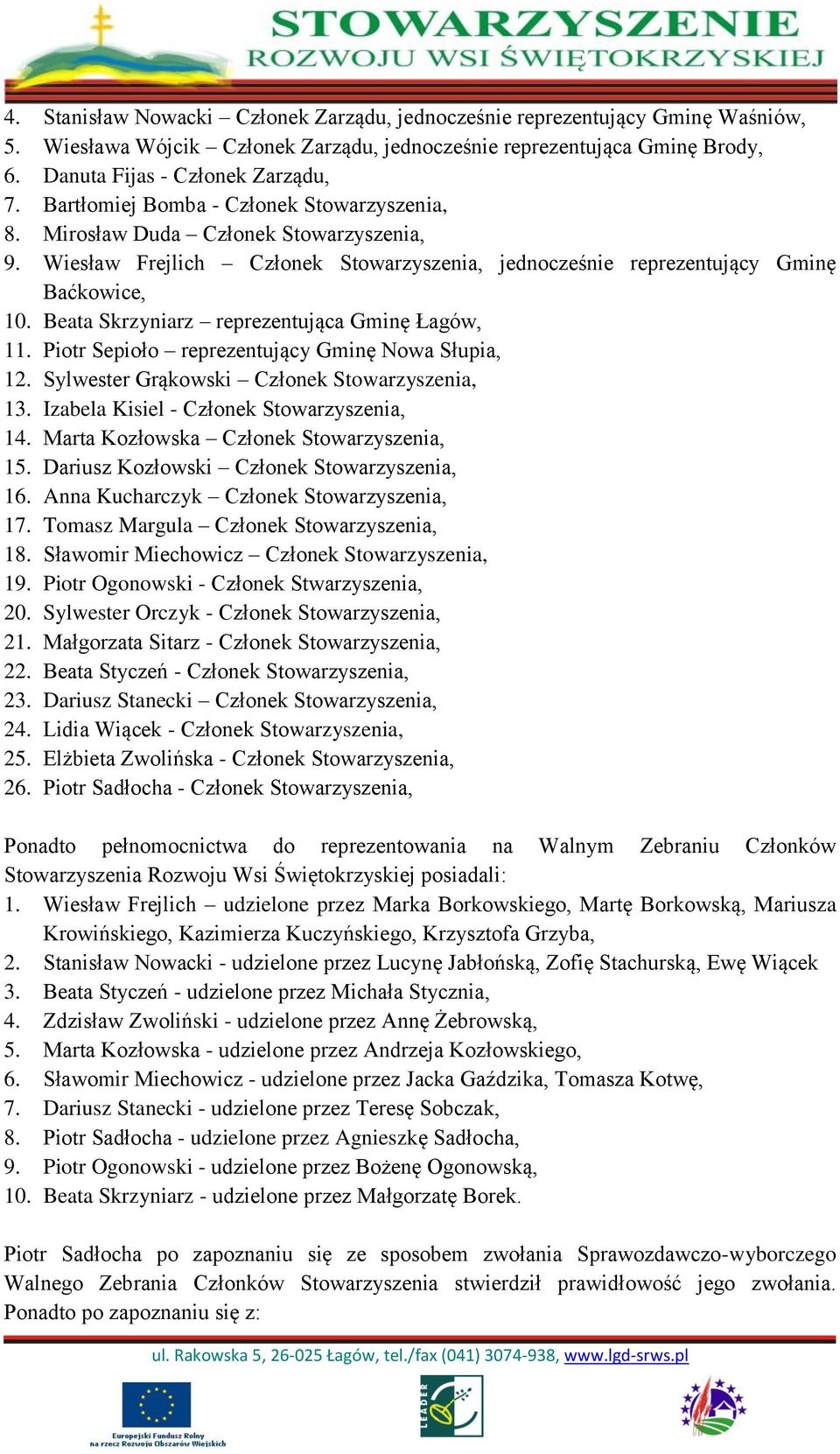 Beata Skrzyniarz reprezentująca Gminę Łagów, 11. Piotr Sepioło reprezentujący Gminę Nowa Słupia, 12. Sylwester Grąkowski Członek Stowarzyszenia, 13. Izabela Kisiel - Członek Stowarzyszenia, 14.