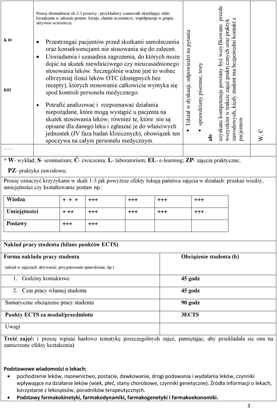 2-3 postawy - przykładowy czasownik określający efekt kształcenia w zakresie postaw: kreuje, chętnie uczestniczy, współpracuje w grupie, aktywnie uczestniczy K 01 K02 Przestrzegać pacjentów przed