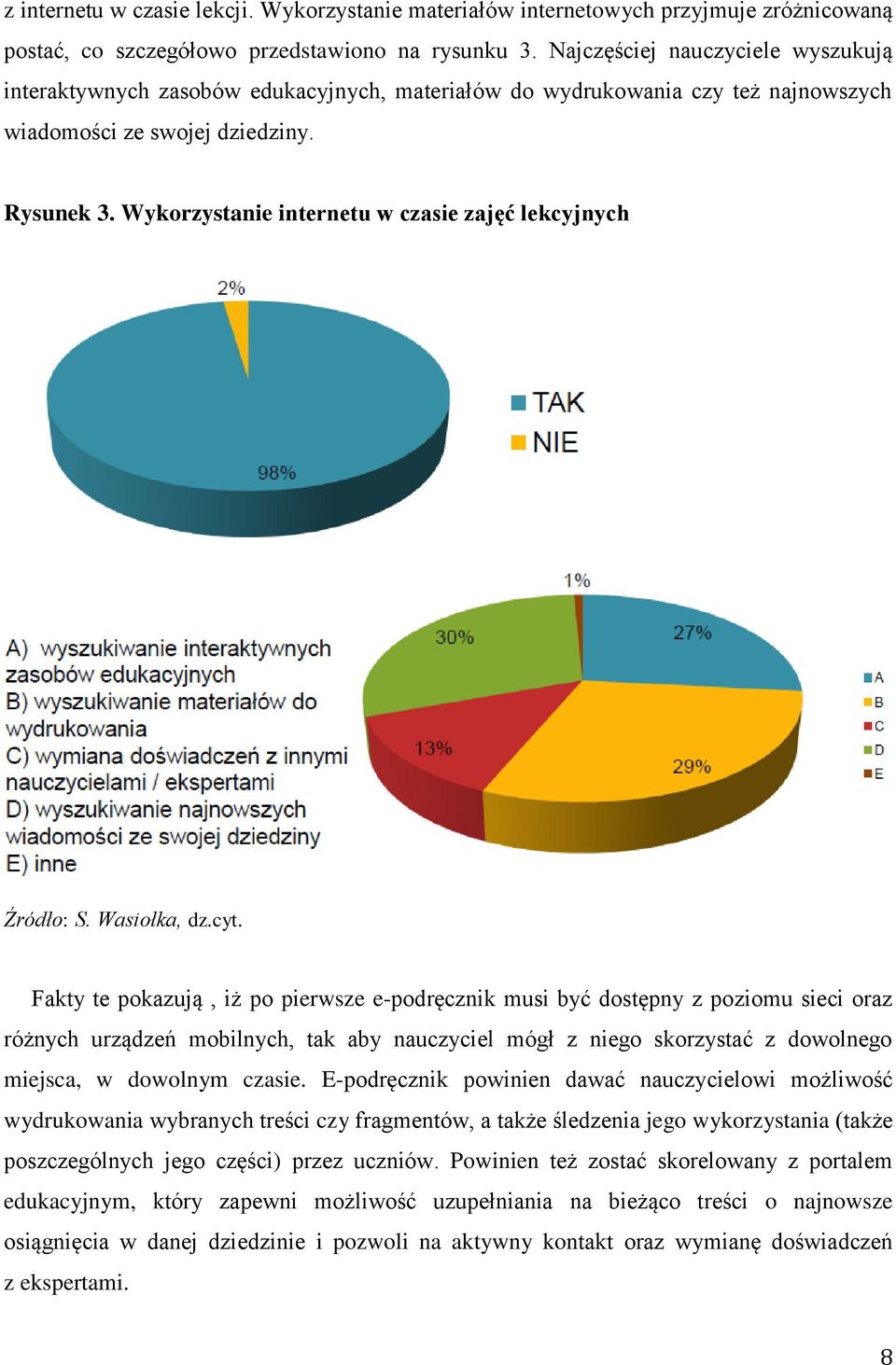 Wykorzystanie internetu w czasie zajęć lekcyjnych Źródło: S. Wasiołka, dz.cyt.