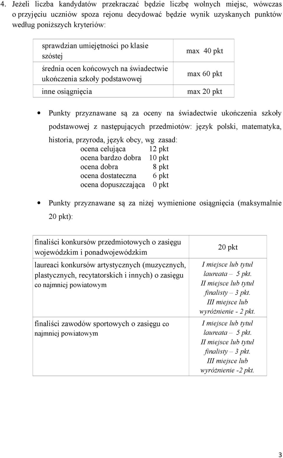 ukończenia szkoły podstawowej z następujących przedmiotów: język polski, matematyka, historia, przyroda, język obcy, wg zasad: ocena celująca 12 pkt ocena bardzo dobra 10 pkt ocena dobra 8 pkt ocena