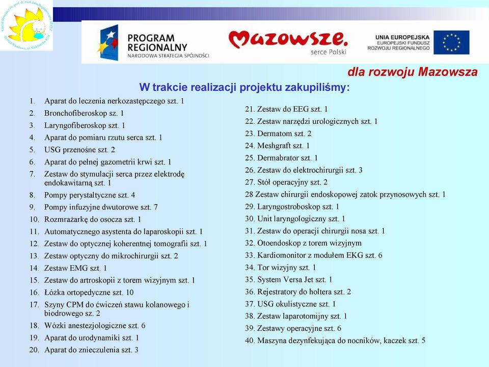 1 Pompy perystaltyczne szt. 4 Pompy infuzyjne dwutorowe szt. 7 Rozmrażarkę do osocza szt. 1 Automatycznego asystenta do laparoskopii szt. 1 Zestaw do optycznej koherentnej tomografii szt.