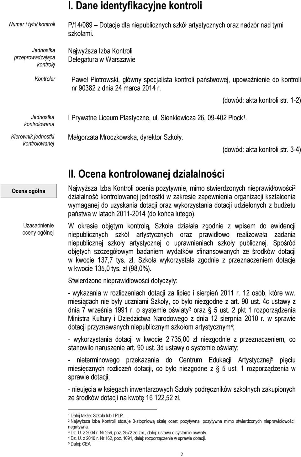 I Prywatne Liceum Plastyczne, ul. Sienkiewicza 26, 09-402 Płock 1. (dowód: akta kontroli str. 1-2) Kierownik jednostki kontrolowanej Małgorzata Mroczkowska, dyrektor Szkoły. (dowód: akta kontroli str. 3-4) Ocena ogólna Uzasadnienie oceny ogólnej II.