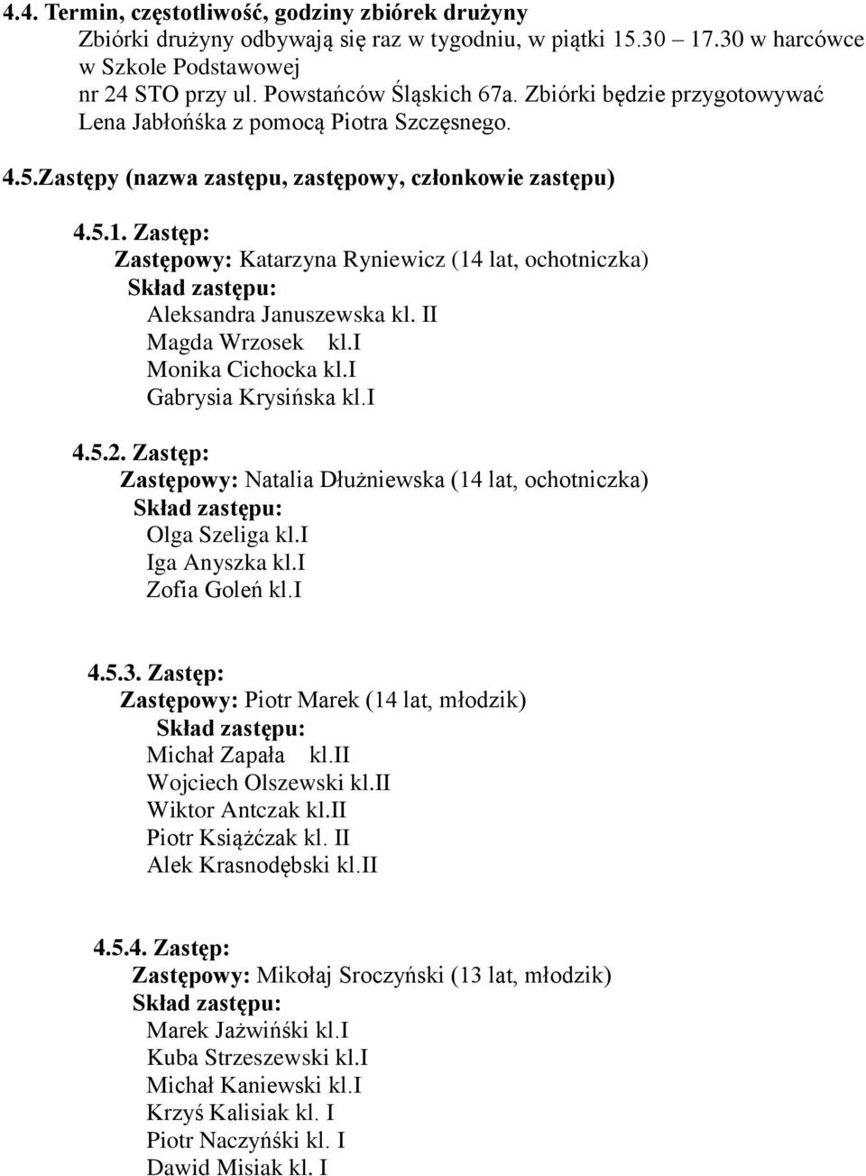 Zastęp: Zastępowy: Katarzyna Ryniewicz (14 lat, ochotniczka) Aleksandra Januszewska kl. II Magda Wrzosek kl.i Monika Cichocka kl.i Gabrysia Krysińska kl.i 4.5.2.