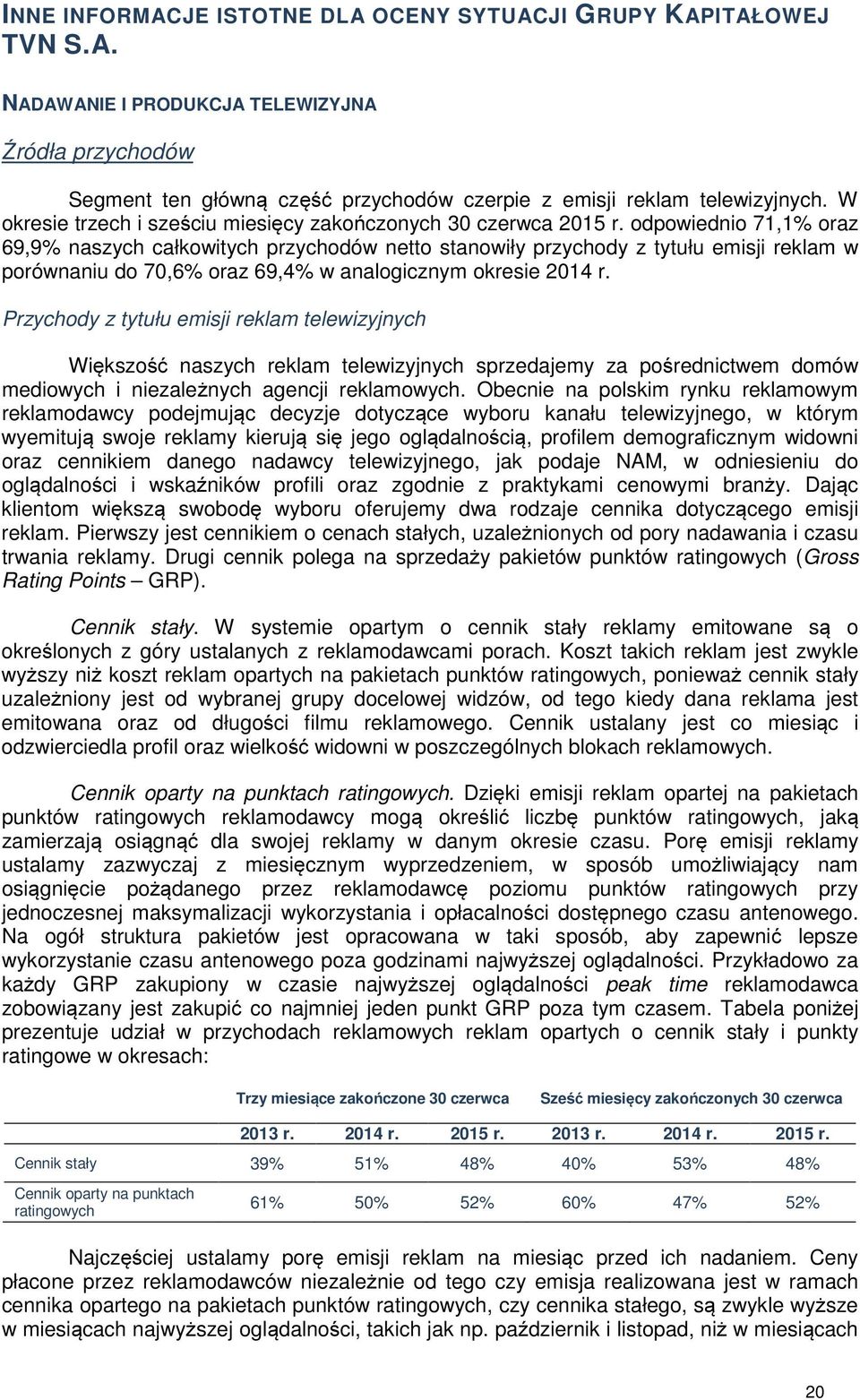 odpowiednio 71,1% oraz 69,9% naszych całkowitych przychodów netto stanowiły przychody z tytułu emisji reklam w porównaniu do 70,6% oraz 69,4% w analogicznym okresie 2014 r.