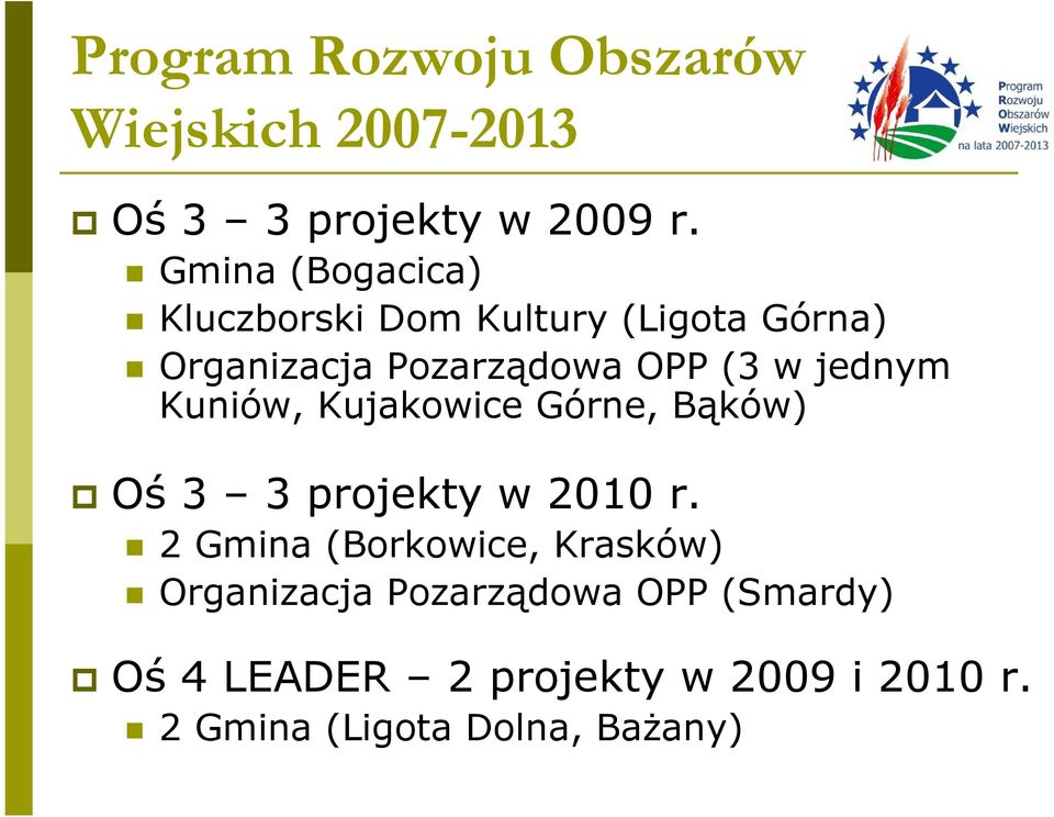 jednym Kuniów, Kujakowice Górne, Bąków) Oś 3 3 projekty w 2010 r.