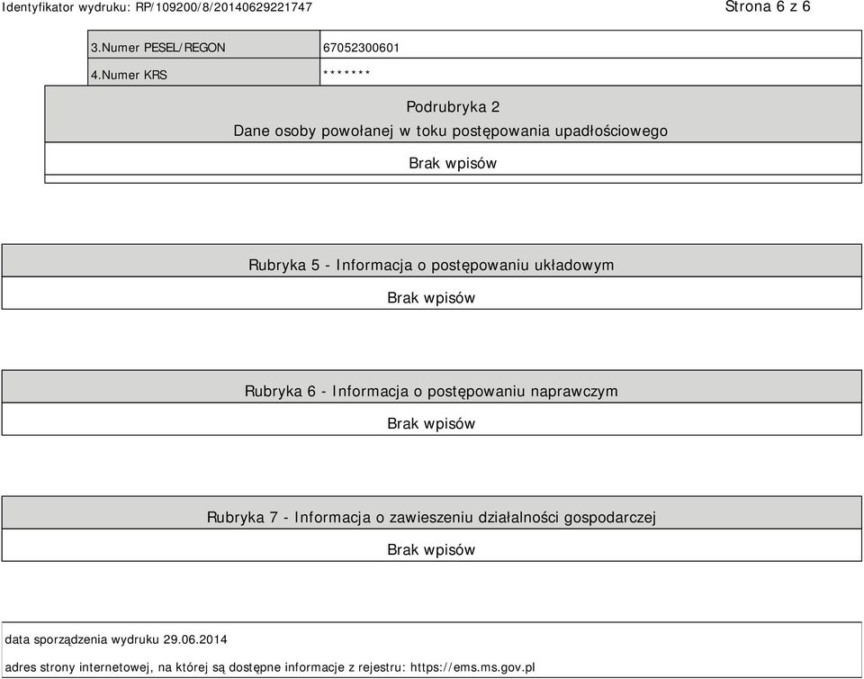 Informacja o postępowaniu układowym Rubryka 6 - Informacja o postępowaniu naprawczym Rubryka 7 -