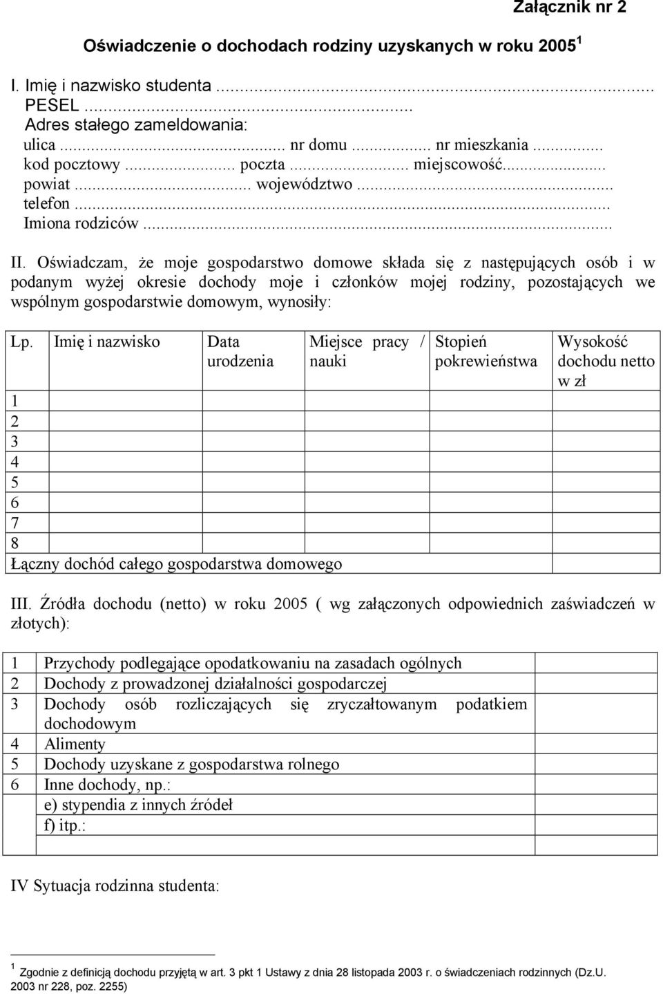 Oświadczam, że moje gospodarstwo domowe składa się z następujących osüb i w podanym wyżej okresie dochody moje i członküw mojej rodziny, pozostających we wspülnym gospodarstwie domowym, wynosiły: Lp.
