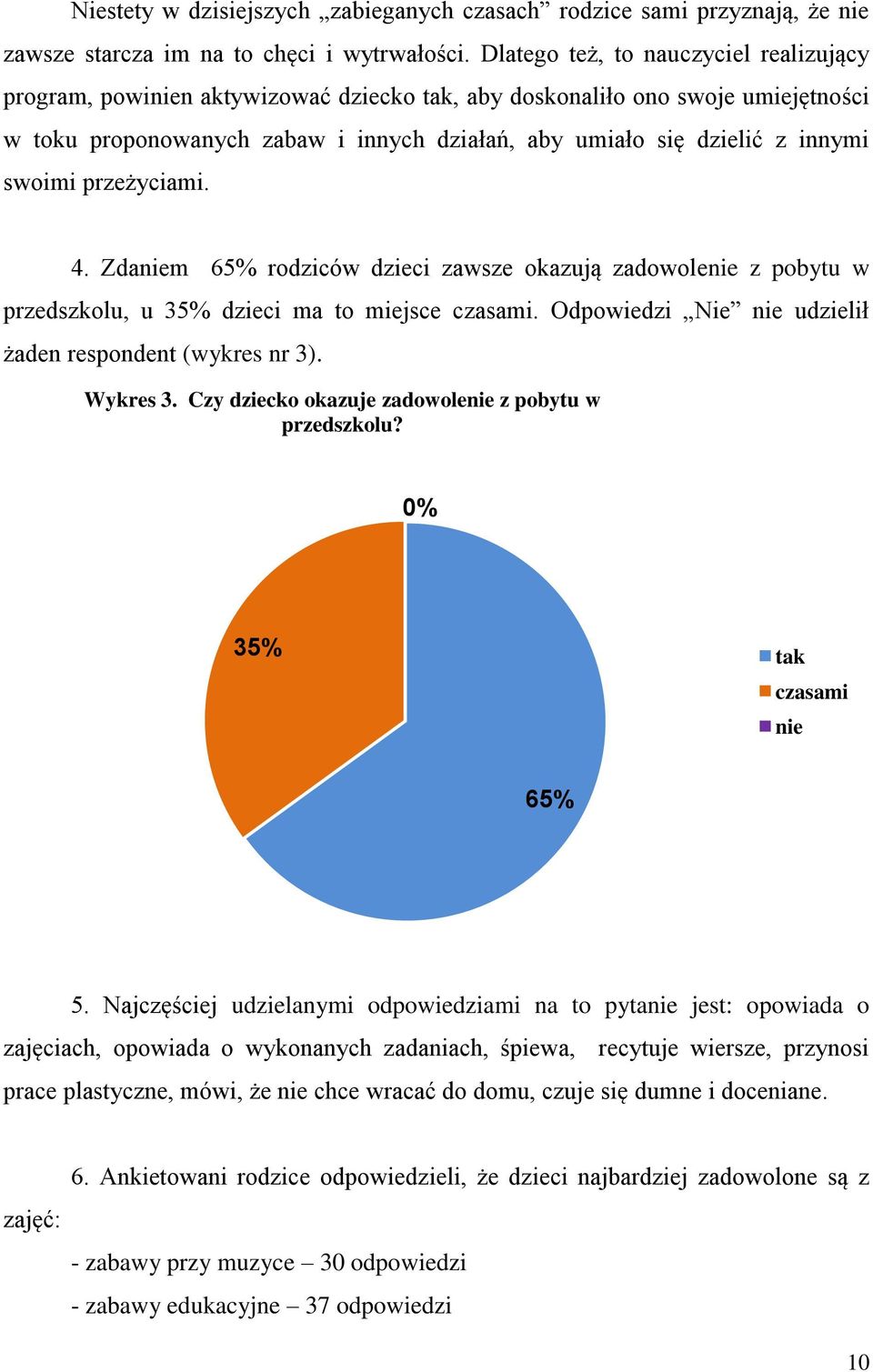 swoimi przeżyciami. 4. Zdaniem 65% rodziców dzieci zawsze okazują zadowolenie z pobytu w przedszkolu, u 35% dzieci ma to miejsce czasami. Odpowiedzi Nie nie udzielił żaden respondent (wykres nr 3).