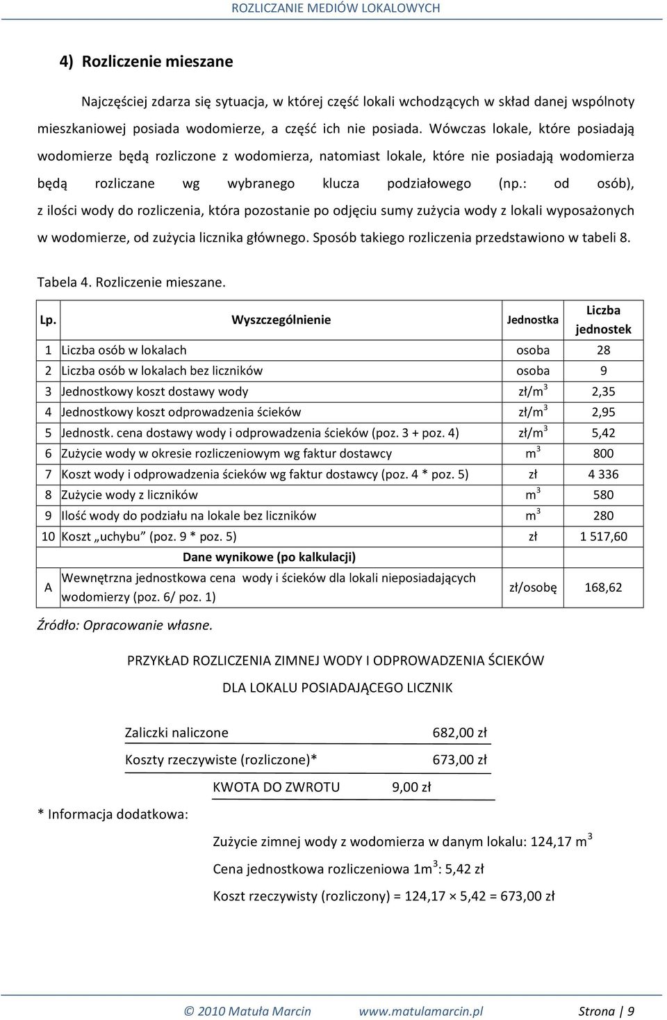 : od osób), z ilości wody do rozliczenia, która pozostanie po odjęciu sumy zużycia wody z lokali wyposażonych w wodomierze, od zużycia licznika głównego.