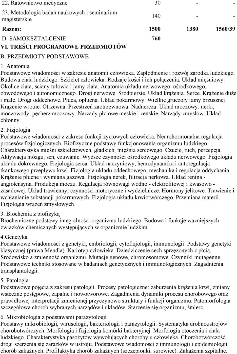 ciała, ściany tułowia i jamy ciała Anatomia układu nerwowego: ośrodkowego, obwodowego i autonomicznego Drogi nerwowe Śródpiersie Układ krążenia Serce Krążenie duże i małe Drogi oddechowe Płuca,