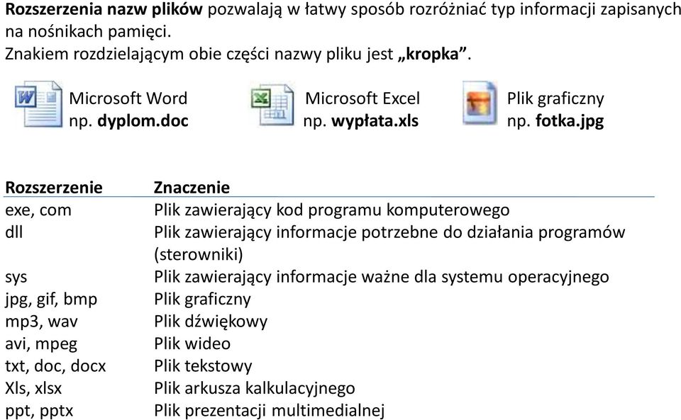 jpg Rozszerzenie exe, com dll sys jpg, gif, bmp mp3, wav avi, mpeg txt, doc, docx Xls, xlsx ppt, pptx Znaczenie Plik zawierający kod programu komputerowego Plik