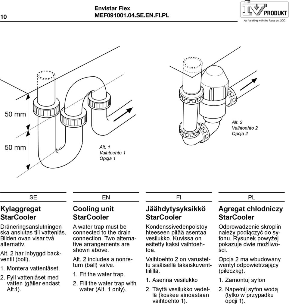 Cooling unit StarCooler A water trap must be connected to the drain connection. Two alternative arrangements are shown above. Alt. 2 includes a nonreturn (ball) valve. 1. Fit the water trap. 2. Fill the water trap with water (Alt.