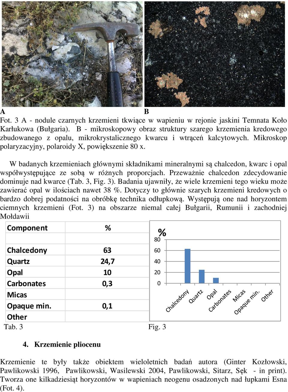 W badanych krzemieniach głównymi składnikami mineralnymi są chalcedon, kwarc i opal współwystępujące ze sobą w różnych proporcjach. Przeważnie chalcedon zdecydowanie dominuje nad kwarce (Tab. 3, Fig.