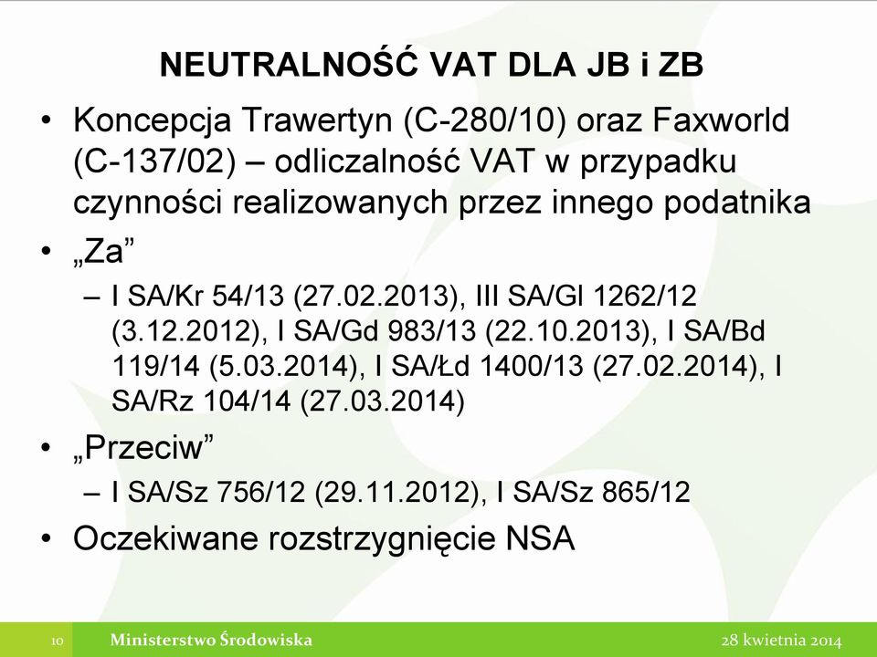 2013), I SA/Bd 119/14 (5.03.2014), I SA/Łd 1400/13 (27.02.2014), I SA/Rz 104/14 (27.03.2014) Przeciw NEUTRALNOŚĆ VAT DLA JB i ZB I SA/Sz 756/12 (29.