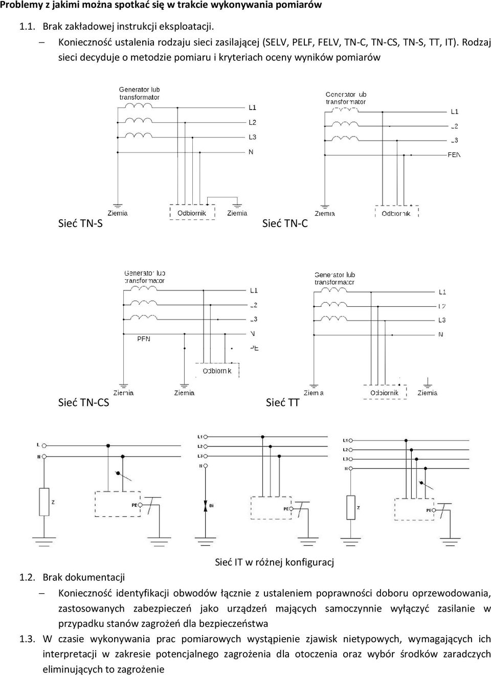 Rodzaj sieci decyduje o metodzie pomiaru i kryteriach oceny wyników pomiarów Sieć TN-S Sieć TN-C Sieć TN-CS Sieć TT Sieć IT w różnej konfiguracj 1.2.