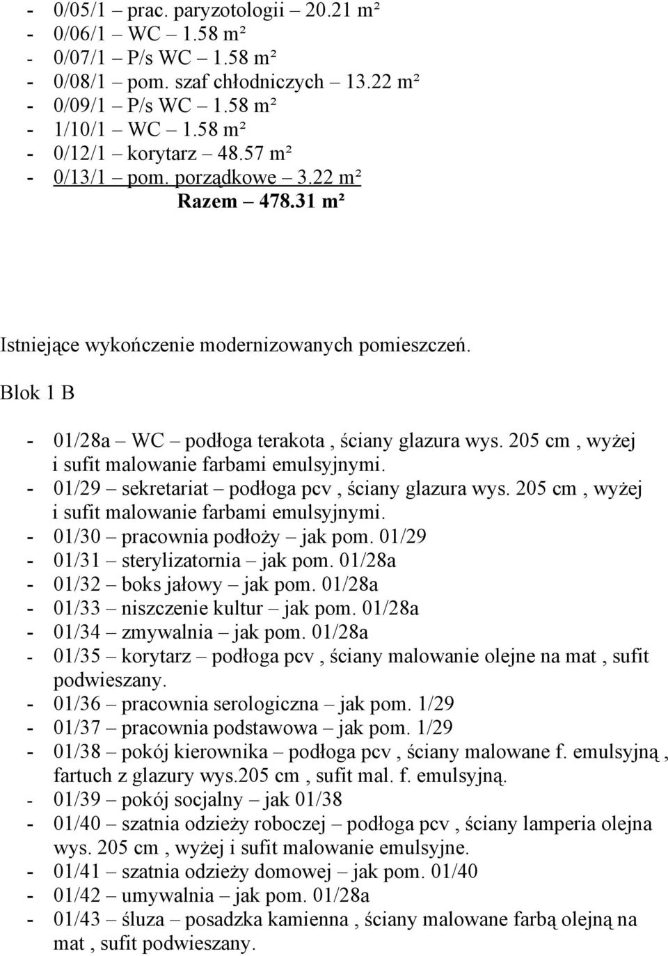 205 cm, wyżej i sufit malowanie farbami emulsyjnymi. - 01/29 sekretariat podłoga pcv, ściany glazura wys. 205 cm, wyżej i sufit malowanie farbami emulsyjnymi. - 01/30 pracownia podłoży jak pom.