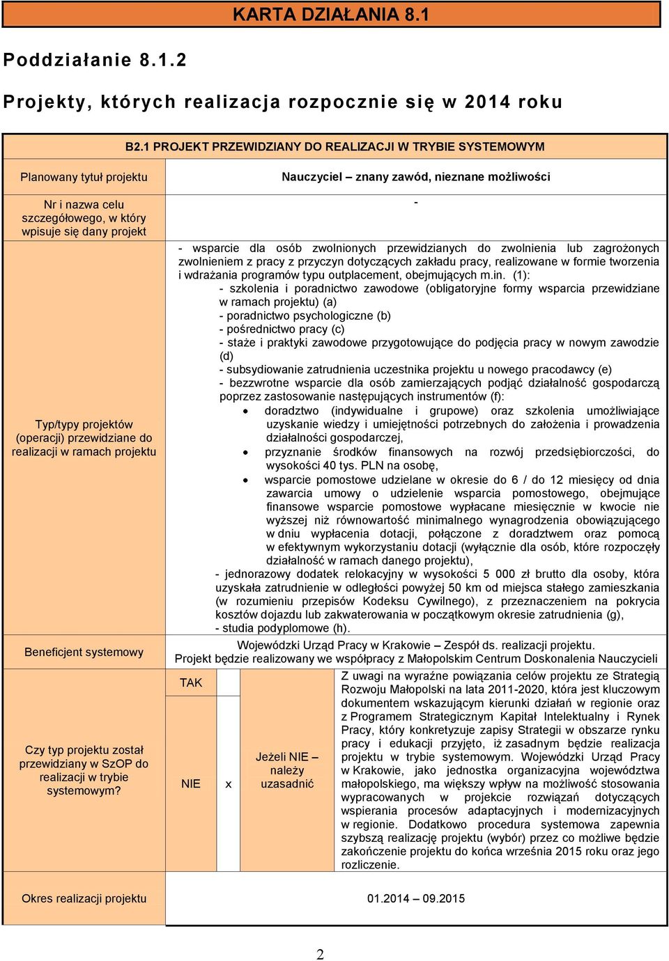 realizacji w ramach projektu Czy typ projektu został przewidziany w SzOP do realizacji w trybie systemowym?