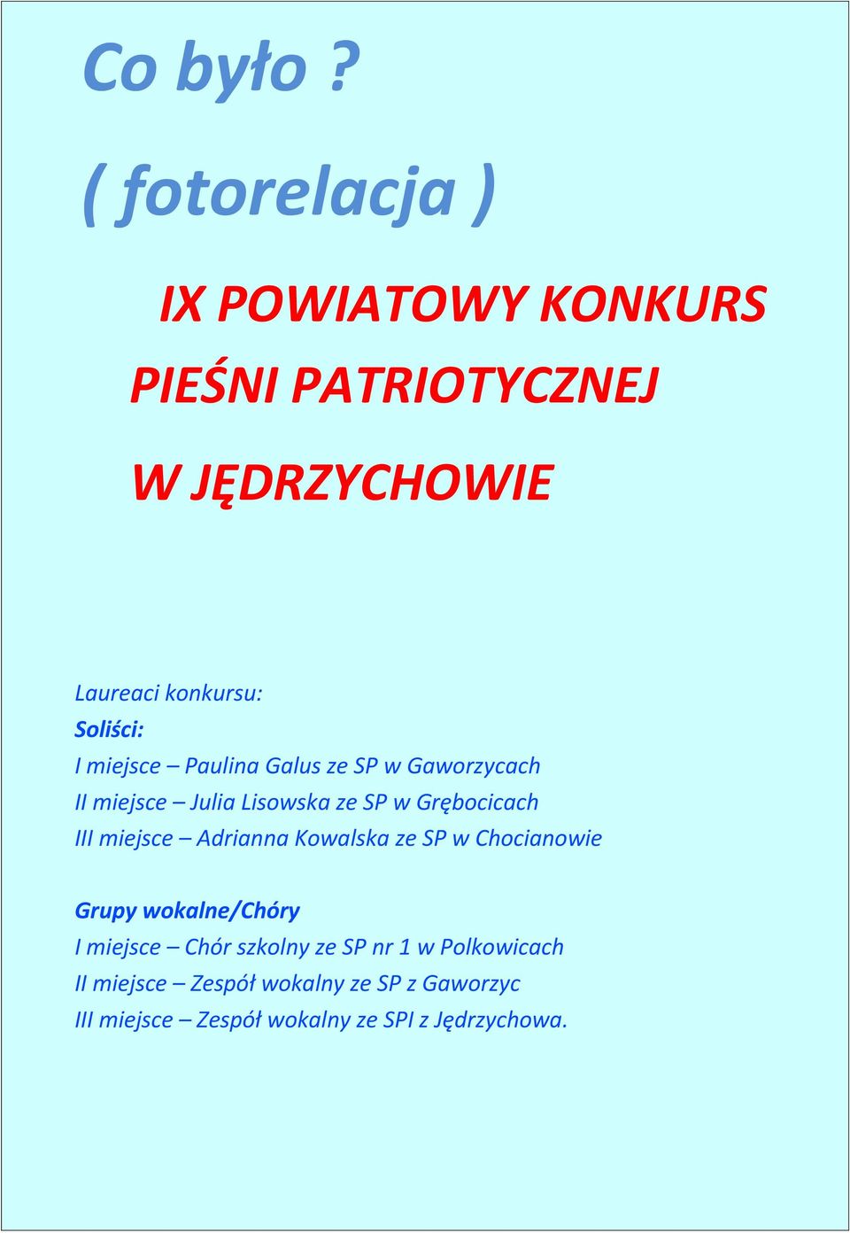 miejsce Paulina Galus ze SP w Gaworzycach II miejsce Julia Lisowska ze SP w Grębocicach III miejsce