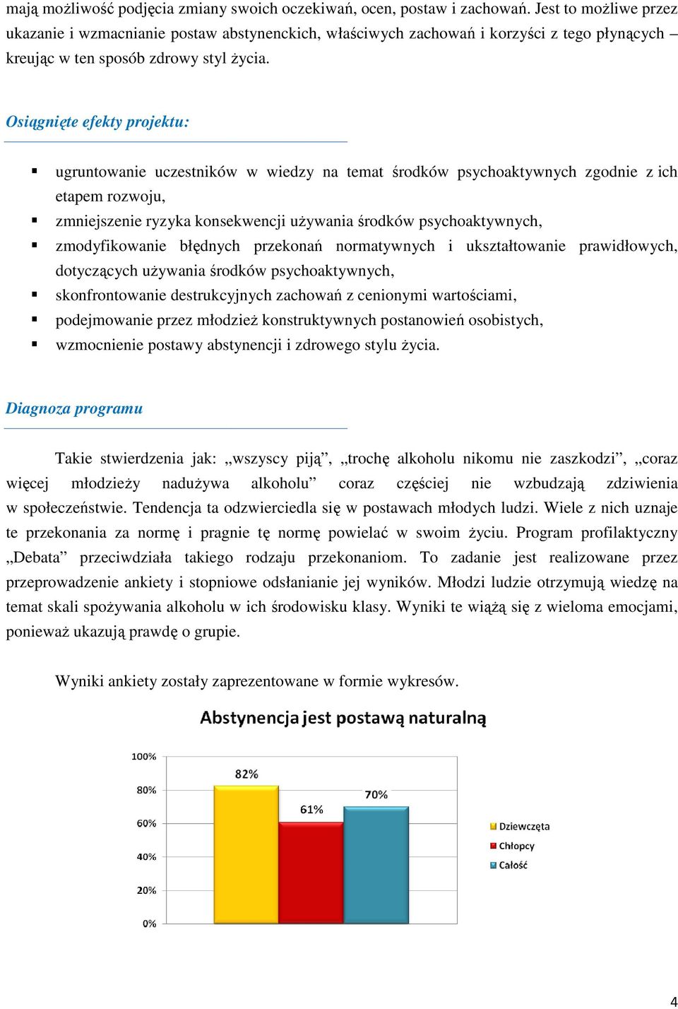 Osiągnięte efekty projektu: ugruntowanie uczestników w wiedzy na temat środków psychoaktywnych zgodnie z ich etapem rozwoju, zmniejszenie ryzyka konsekwencji używania środków psychoaktywnych,