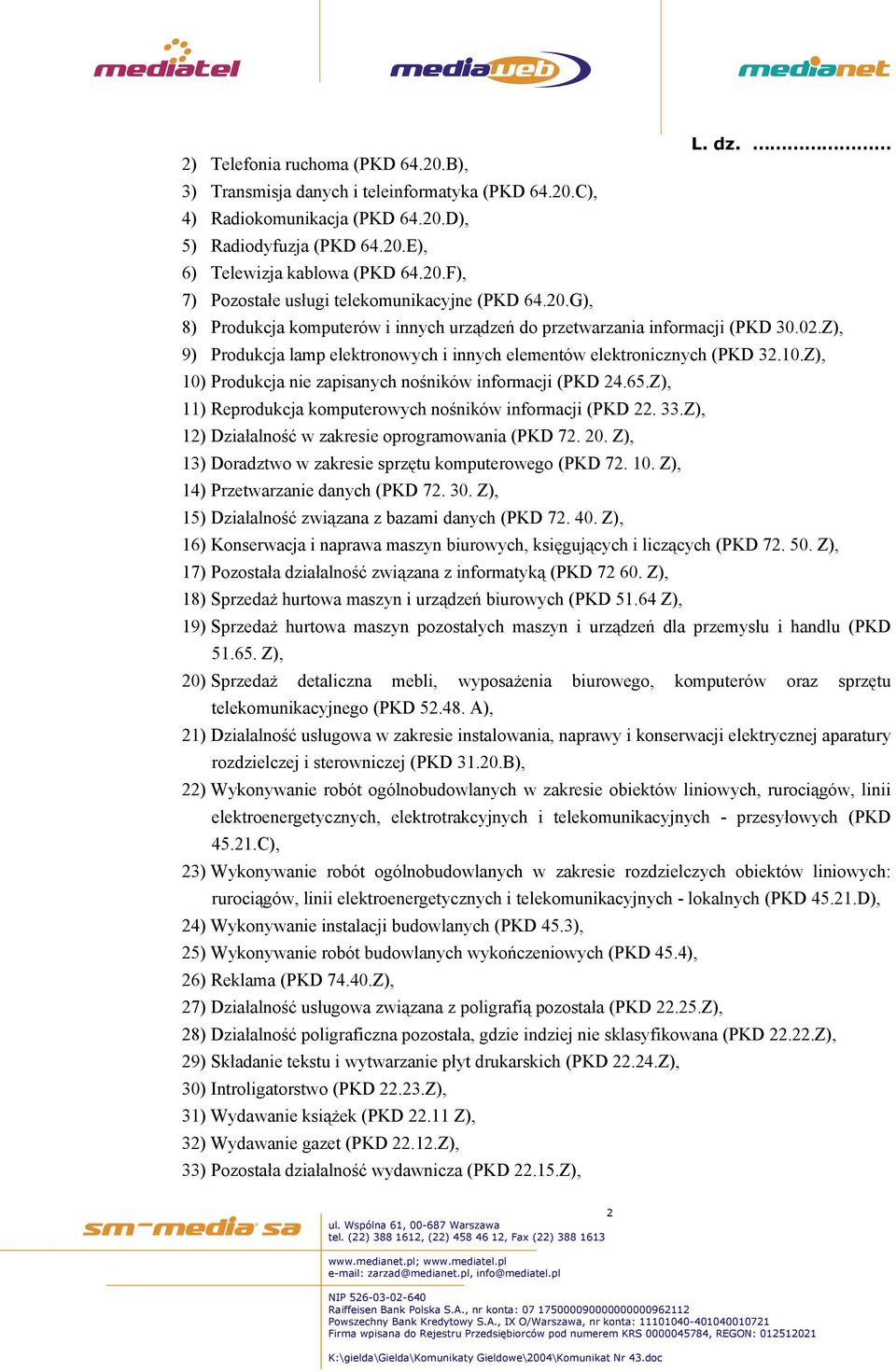 Z), 10) Produkcja nie zapisanych nośników informacji (PKD 24.65.Z), 11) Reprodukcja komputerowych nośników informacji (PKD 22. 33.Z), 12) Działalność w zakresie oprogramowania (PKD 72. 20.