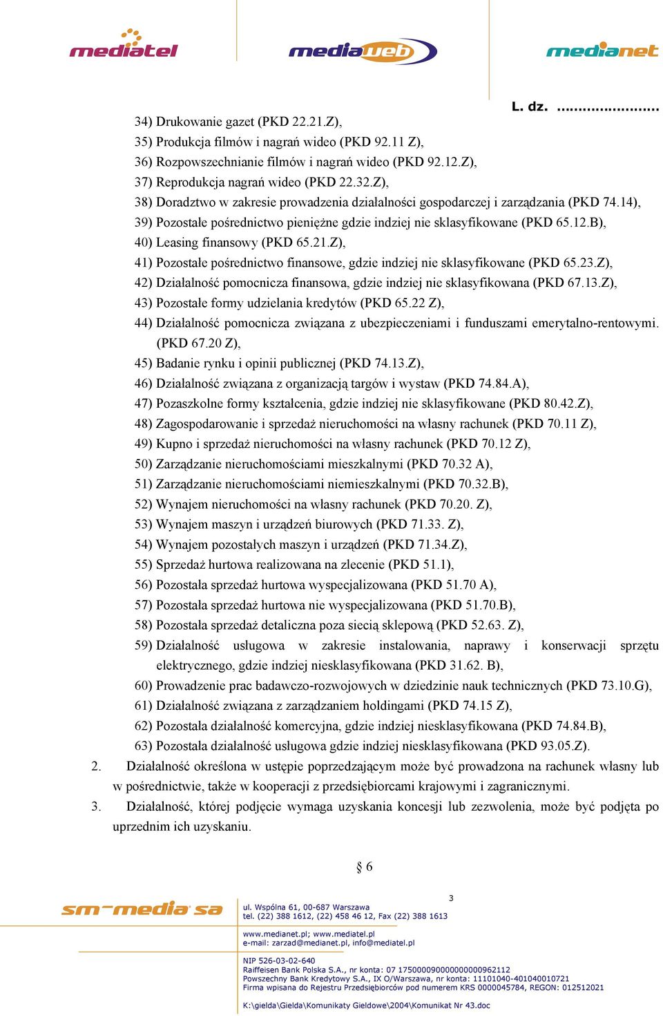 B), 40) Leasing finansowy (PKD 65.21.Z), 41) Pozostałe pośrednictwo finansowe, gdzie indziej nie sklasyfikowane (PKD 65.23.