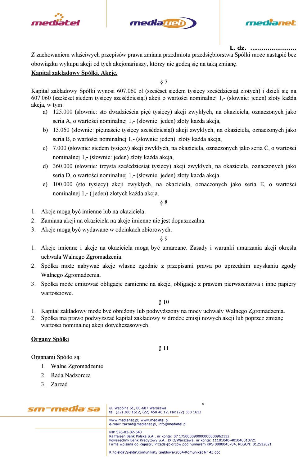 060 (sześćset siedem tysięcy sześćdziesiąt) akcji o wartości nominalnej 1,- (słownie: jeden) złoty każda akcja, w tym: a) 125.