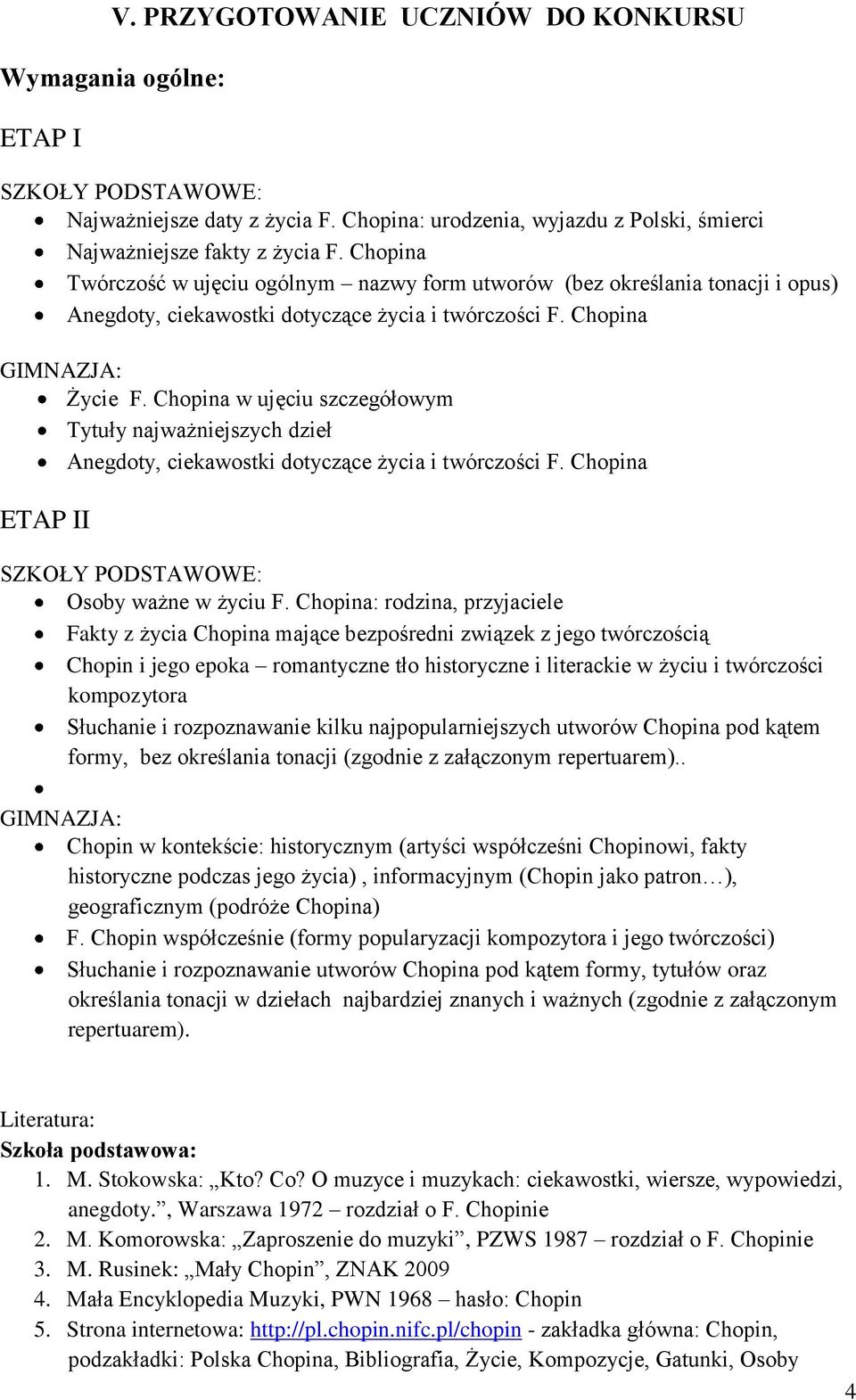 Chopina w ujęciu szczegółowym Tytuły najważniejszych dzieł Anegdoty, ciekawostki dotyczące życia i twórczości F. Chopina ETAP II SZKOŁY PODSTAWOWE: Osoby ważne w życiu F.