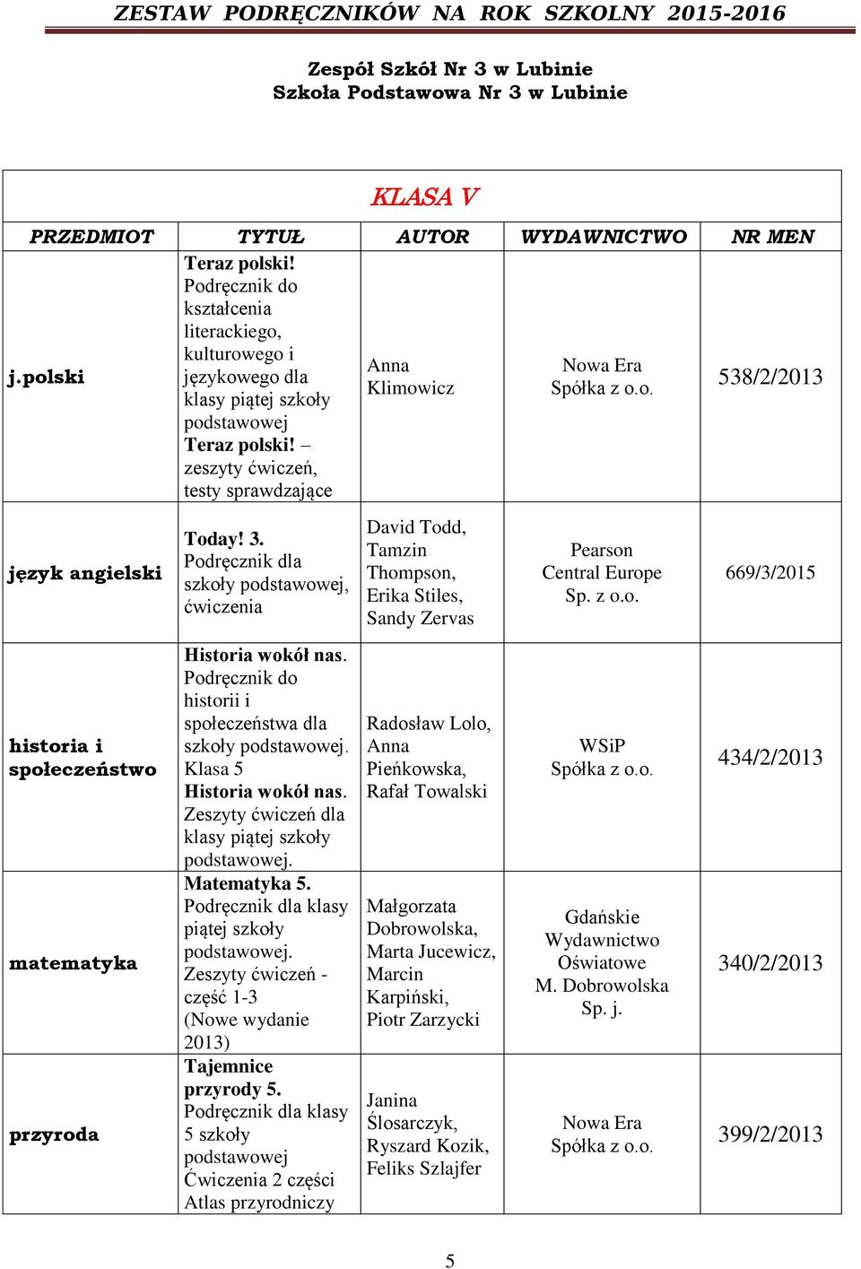 Klasa 5 Historia wokół nas. Zeszyty ćwiczeń dla klasy piątej szkoły. Matematyka 5. Podręcznik dla klasy piątej szkoły. Zeszyty ćwiczeń - część 1-3 (Nowe wydanie 2013) Tajemnice przyrody 5.