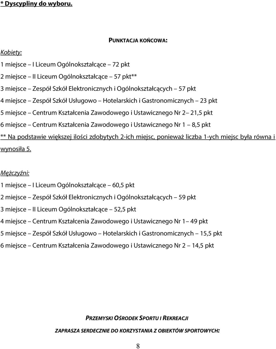 miejsce Centrum Kształcenia Zawodowego i Ustawicznego Nr 1 8,5 pkt ** Na podstawie większej ilości zdobytych 2-ich miejsc, ponieważ liczba 1-ych miejsc była równa i wynosiła 5.