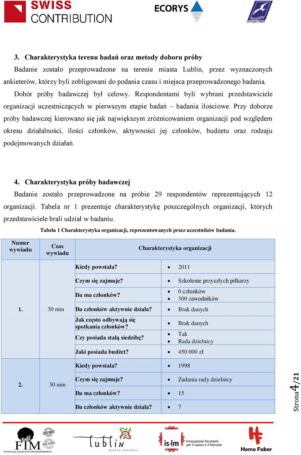 przeprowadzonego badania. Dobór próby badawczej był celowy. Respondentami byli wybrani przedstawiciele organizacji uczestniczących w pierwszym etapie badań badania ilościowe.