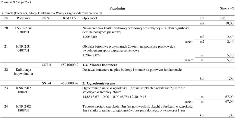 cementową 1,20+2,00*2 m 5,20 razem m 5,20 SST 4 45210000-2 1.3. Montaż kontenera Dostawa kontenera na plac budowy i montaż na gotowym fundamencie kpl 1,00 SST-4 45000000-7 2.
