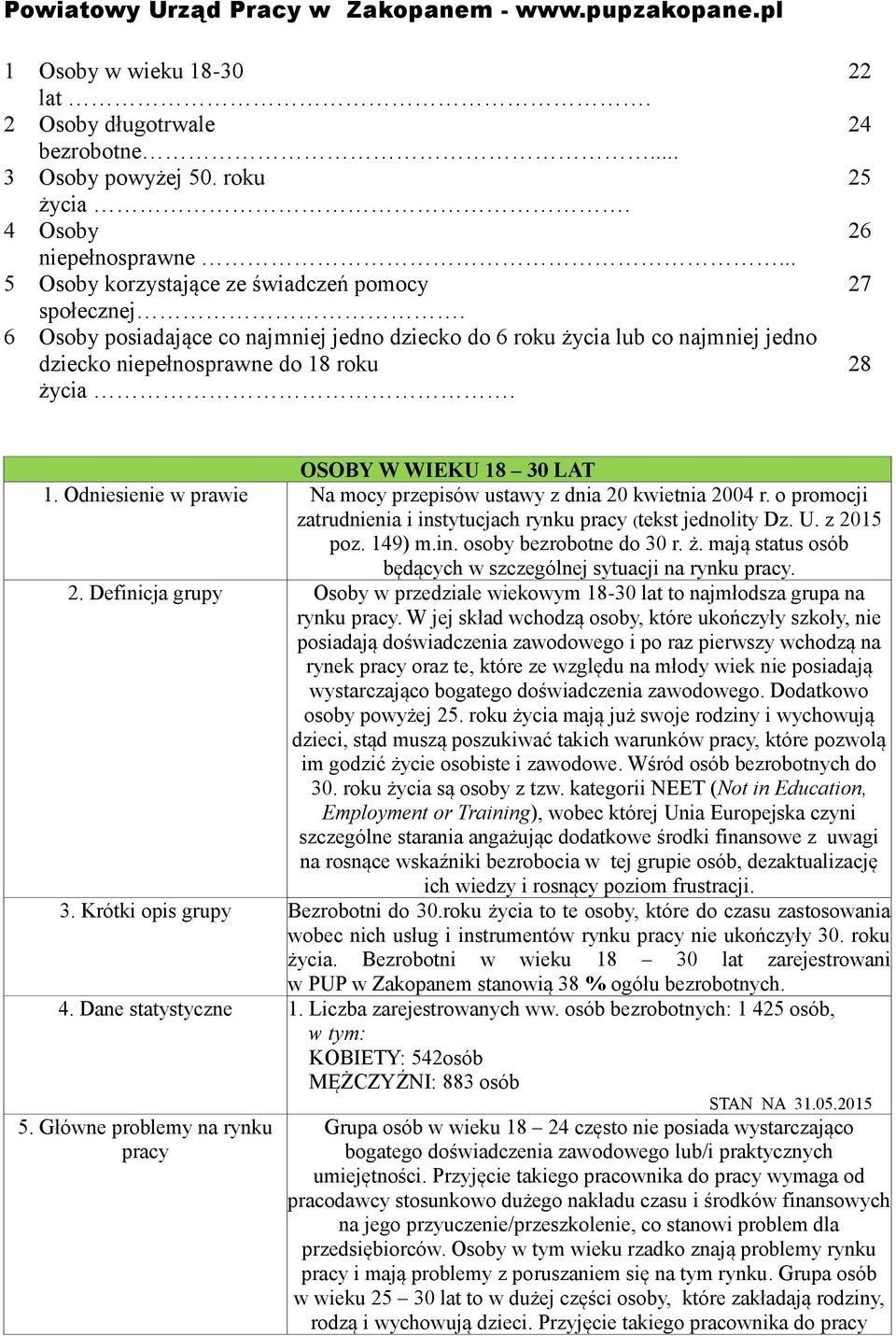 22 24 25 26 27 28 OSOBY W WIEKU 18 30 LAT zatrudnienia i instytucjach rynku (tekst jednolity Dz. U. z 2015 poz. 149) m.in. osoby bezrobotne do 30 r. ż.