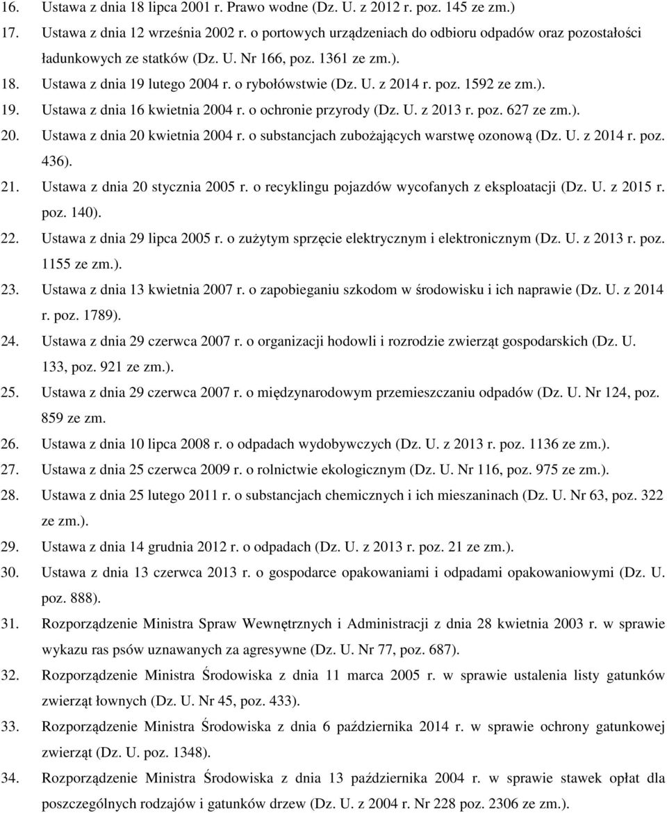 ). 19. Ustawa z dnia 16 kwietnia 2004 r. o ochronie przyrody (Dz. U. z 2013 r. poz. 627 ze zm.). 20. Ustawa z dnia 20 kwietnia 2004 r. o substancjach zubożających warstwę ozonową (Dz. U. z 2014 r.