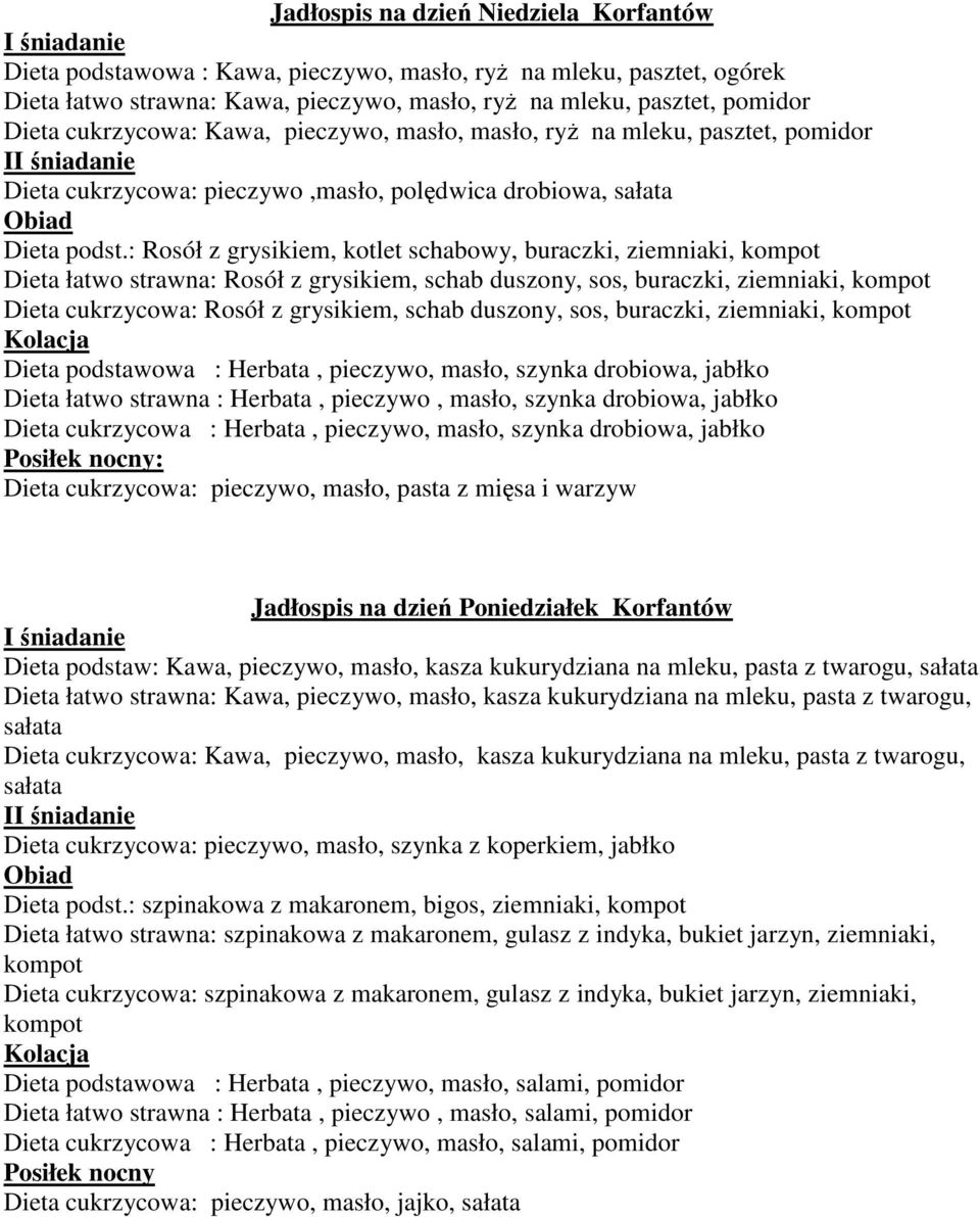 : Rosół z grysikiem, kotlet schabowy, buraczki, ziemniaki, Dieta łatwo strawna: Rosół z grysikiem, schab duszony, sos, buraczki, ziemniaki, Dieta cukrzycowa: Rosół z grysikiem, schab duszony, sos,