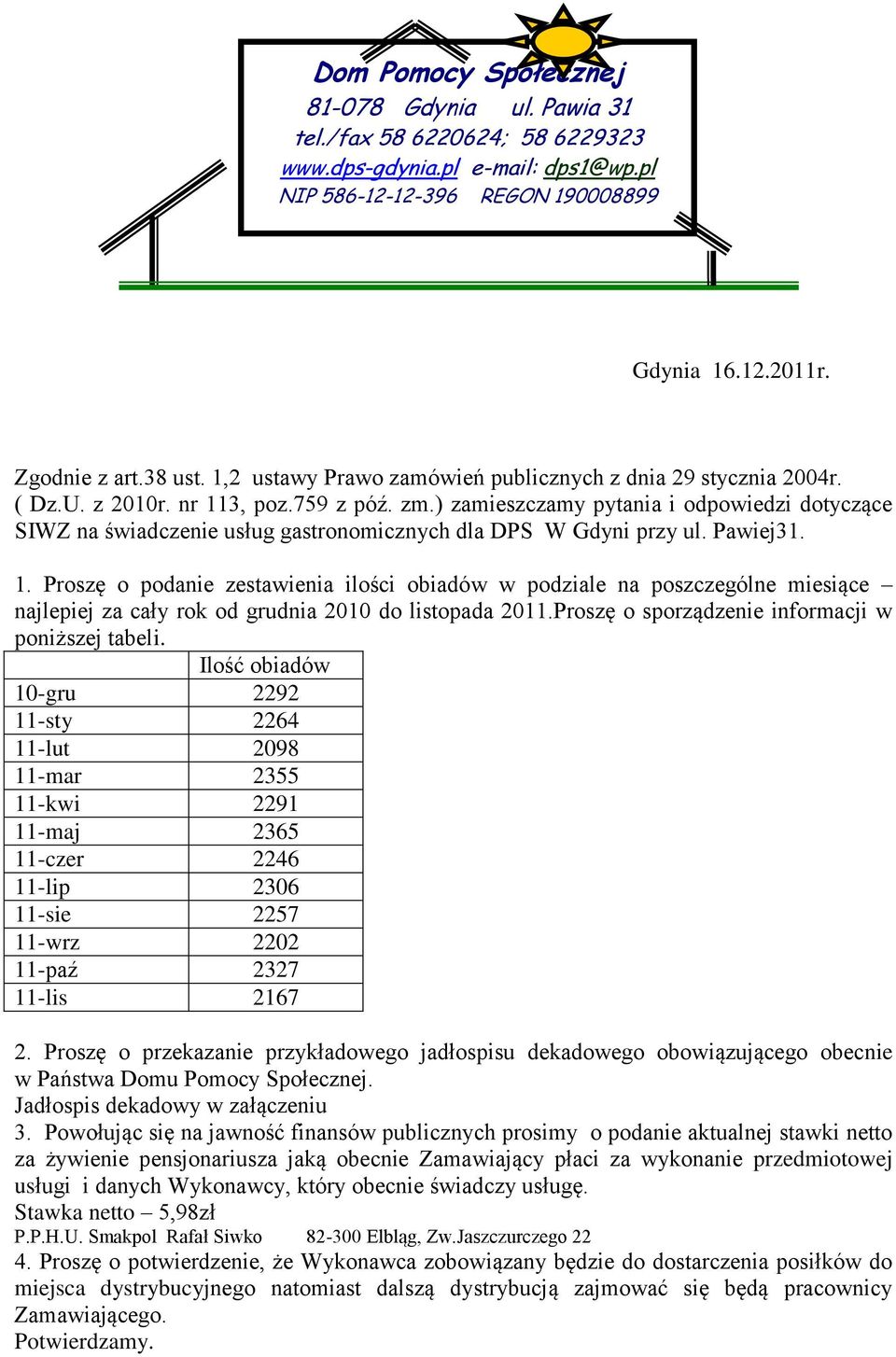 ul Pawiej31 1 Proszę o podanie zestawienia ilości obiadów w podziale na poszczególne miesiące najlepiej za cały rok od grudnia 2010 do listopada 2011Proszę o sporządzenie informacji w poniższej