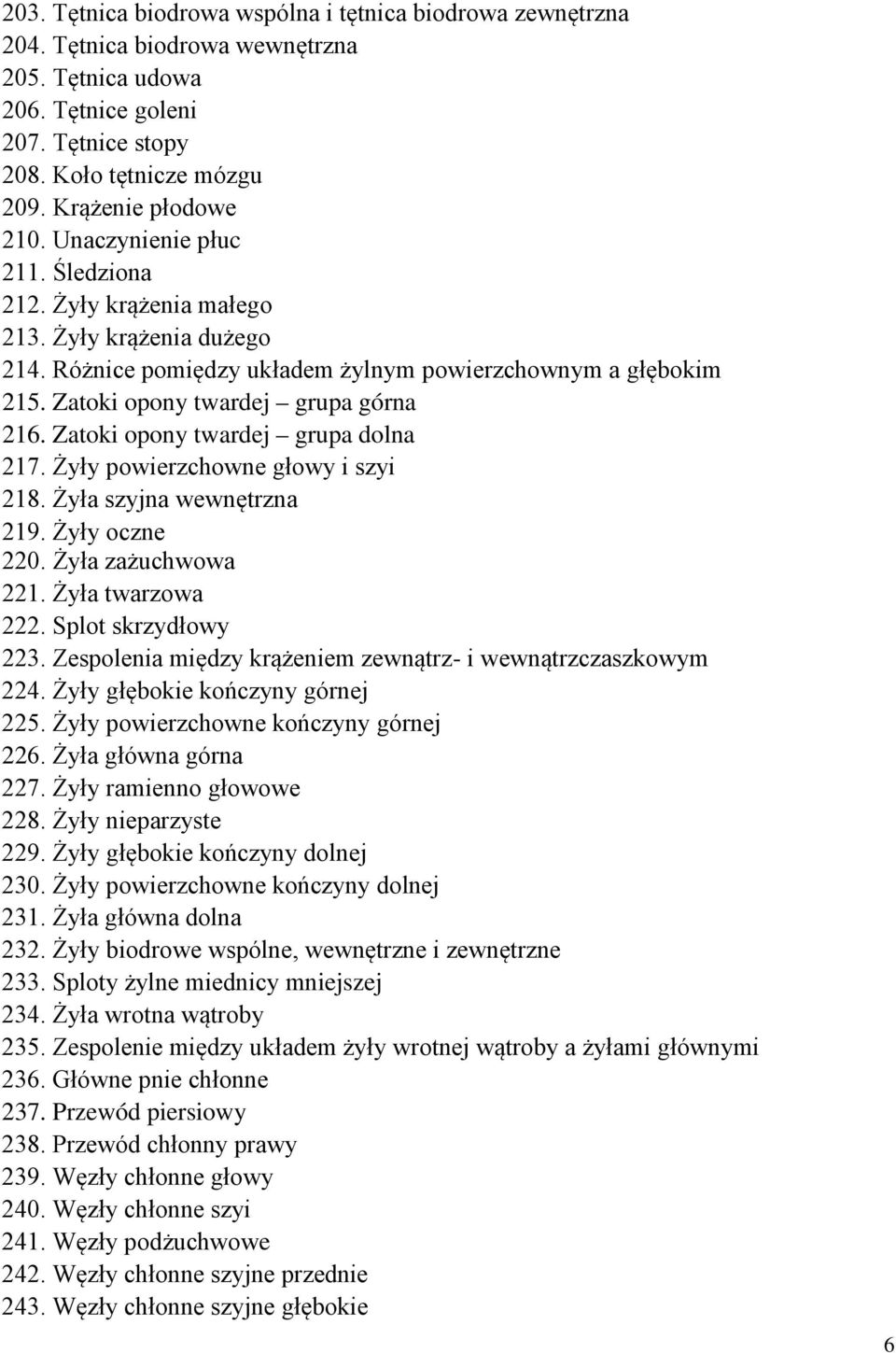 Zatoki opony twardej grupa górna 216. Zatoki opony twardej grupa dolna 217. Żyły powierzchowne głowy i szyi 218. Żyła szyjna wewnętrzna 219. Żyły oczne 220. Żyła zażuchwowa 221. Żyła twarzowa 222.