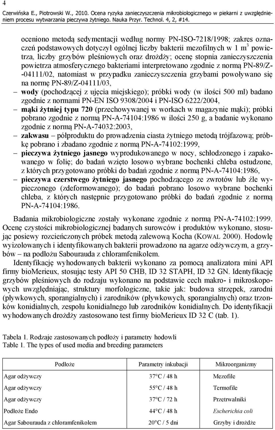 mezofilnych w 1 m 3 powietrza, liczby grzybów pleśniowych oraz drożdży; ocenę stopnia zanieczyszczenia powietrza atmosferycznego bakteriami interpretowano zgodnie z normą PN-89/Z- -04111/02,