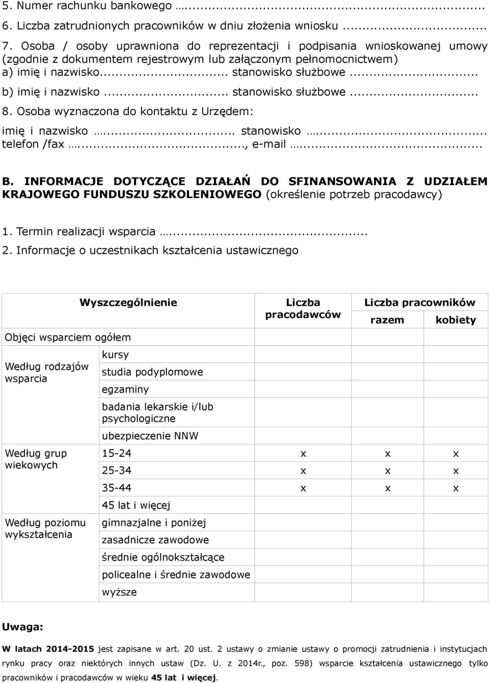 .. b) imię i nazwisko... stanowisko służbowe... 8. Osoba wyznaczona do kontaktu z Urzędem: imię i nazwisko... stanowisko... telefon /fax..., e-mail... B.