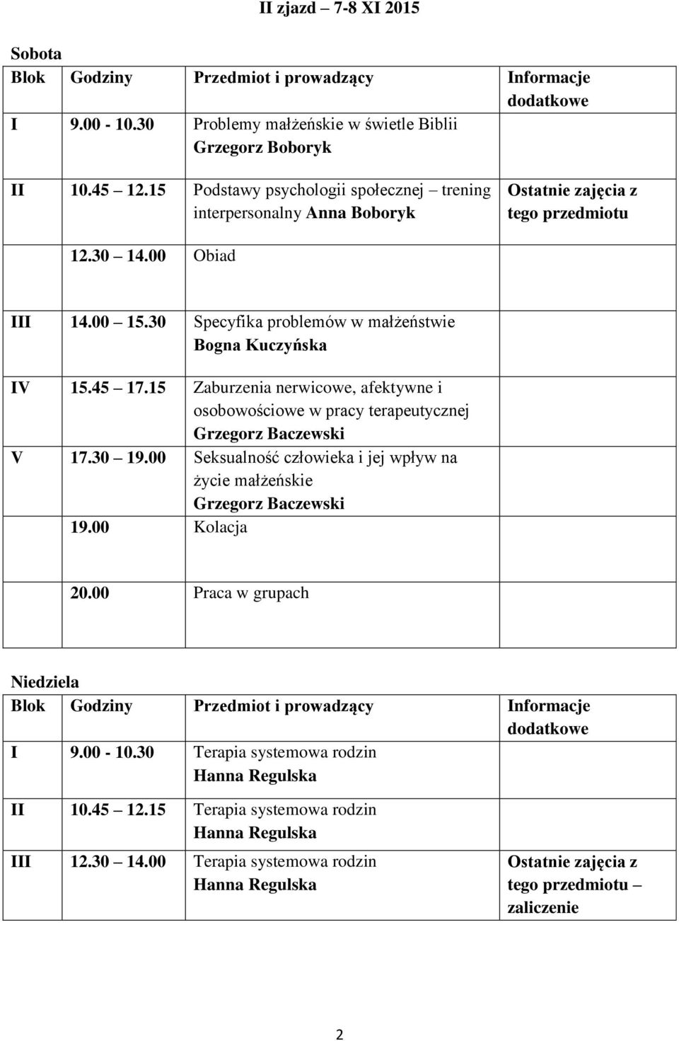 zajęcia z tego przedmiotu I 9.00-10.30 Terapia systemowa rodzin II 10.