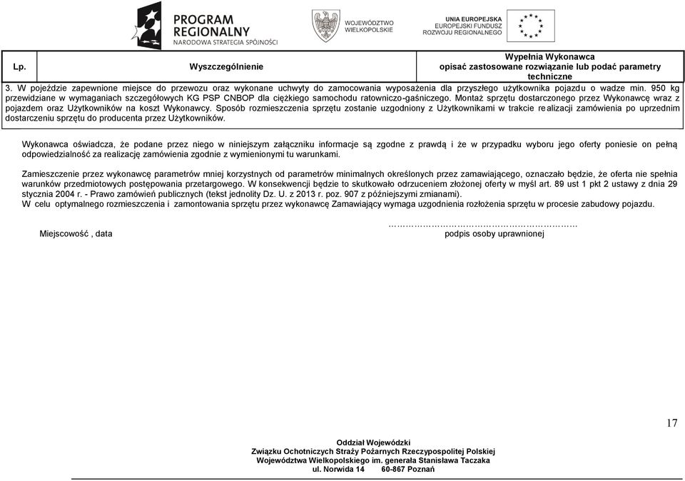 Montaż sprzętu dostarczonego przez Wykonawcę wraz z pojazdem oraz Użytkowników na koszt Wykonawcy.