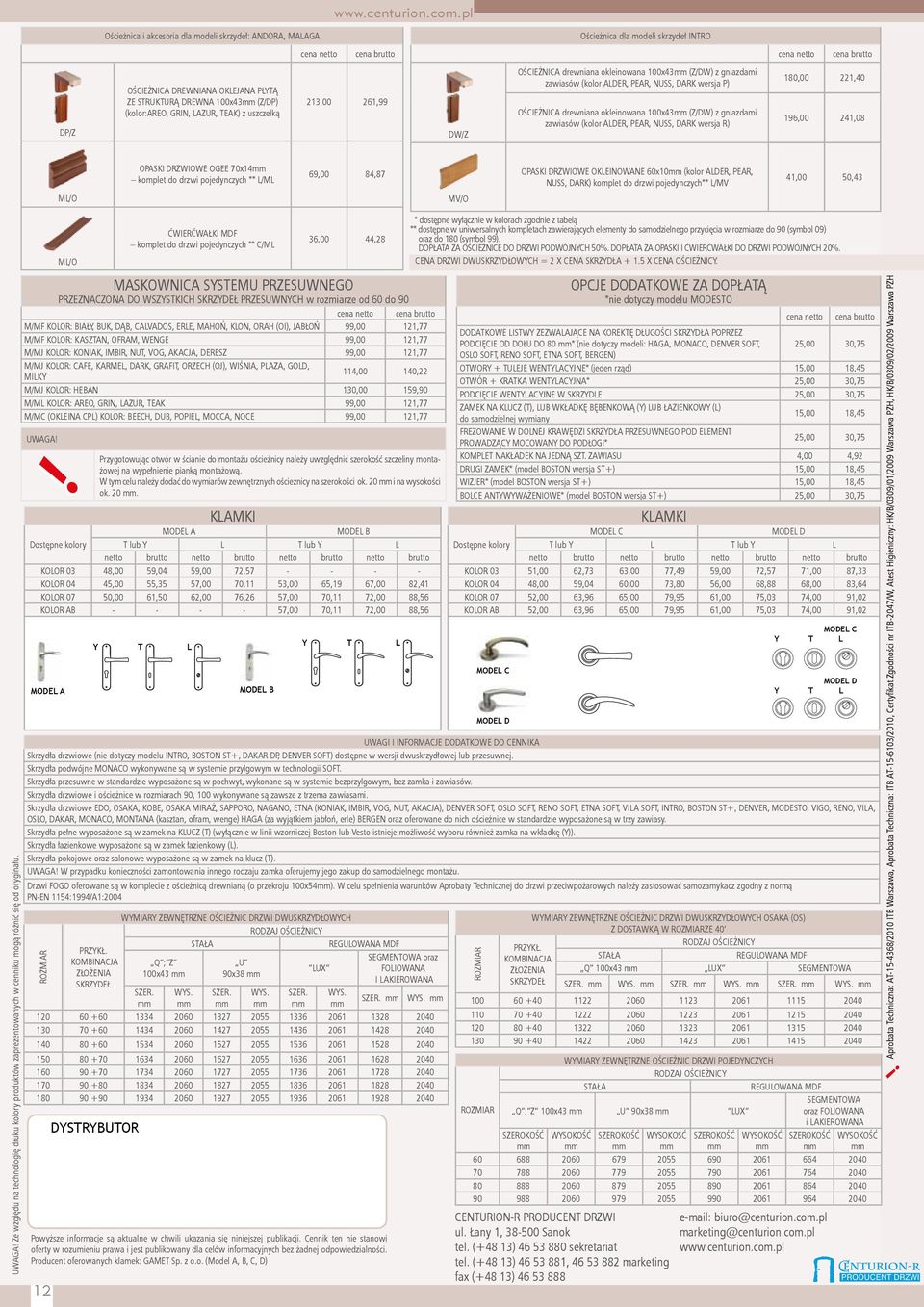 okleinowana 100x43 (Z/DW) z gniazdami zawiasów (kolor ALDER, PEAR, NUSS, DARK wersja R) 180,00 221,40 196,00 241,08 ML/O OPASKI DRZWIOWE OGEE 70x14 komplet do drzwi pojedynczych ** L/ML 69,00 84,87
