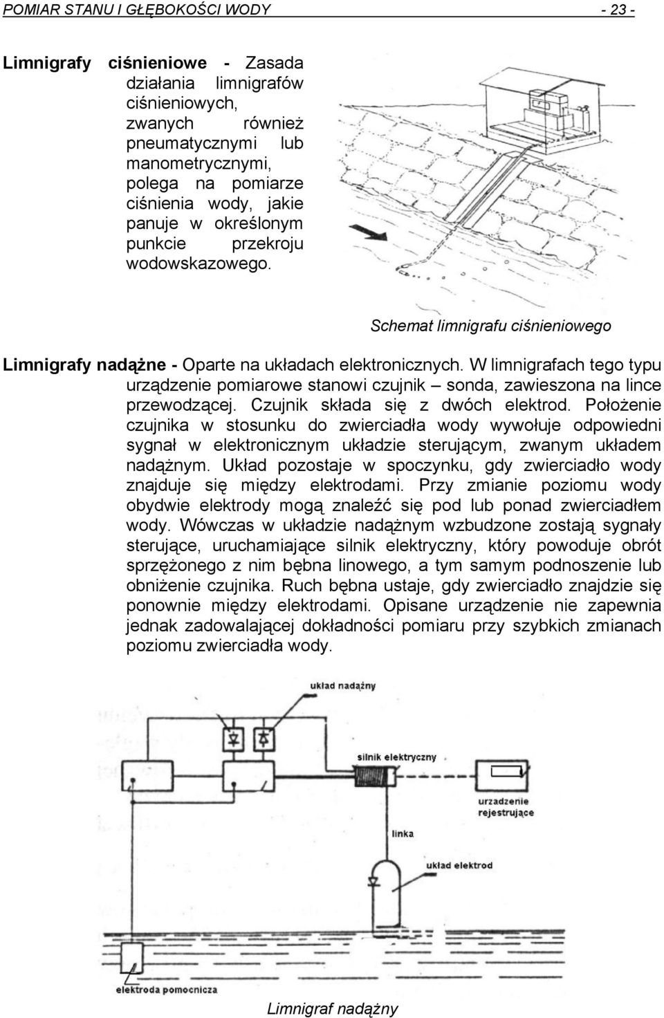 W limnigrafach tego typu urządzenie pomiarowe stanowi czujnik sonda, zawieszona na lince przewodzącej. Czujnik składa się z dwóch elektrod.
