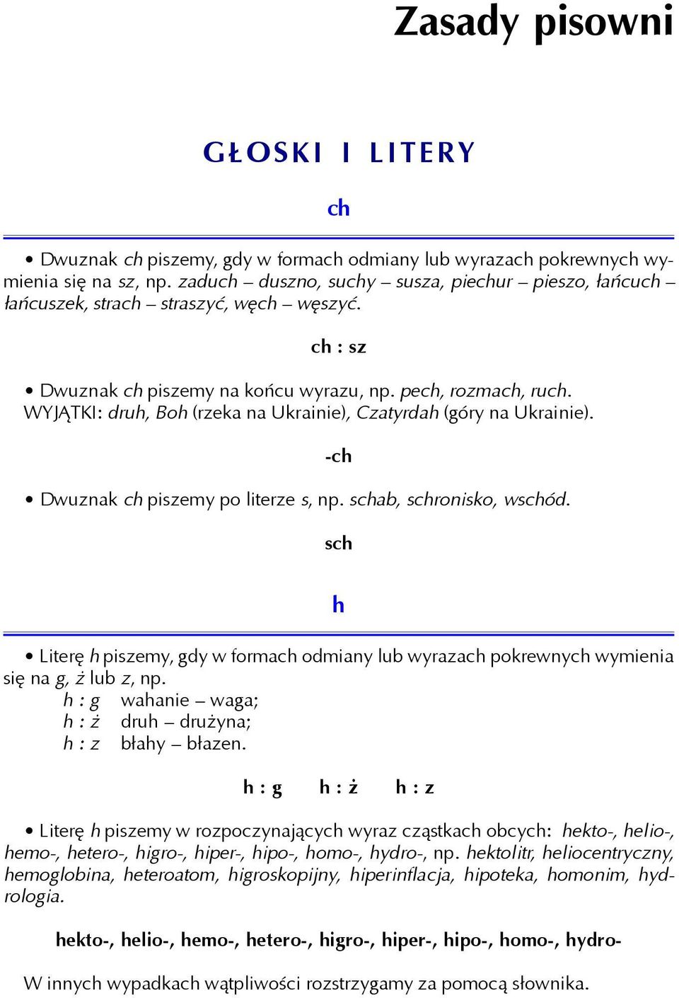 WYJ TKI: druh, Boh (rzeka na Ukrainie), Czatyrdah (góry na Ukrainie). Dwuznak ch piszemy po literze s, np. schab, schronisko, wschód.