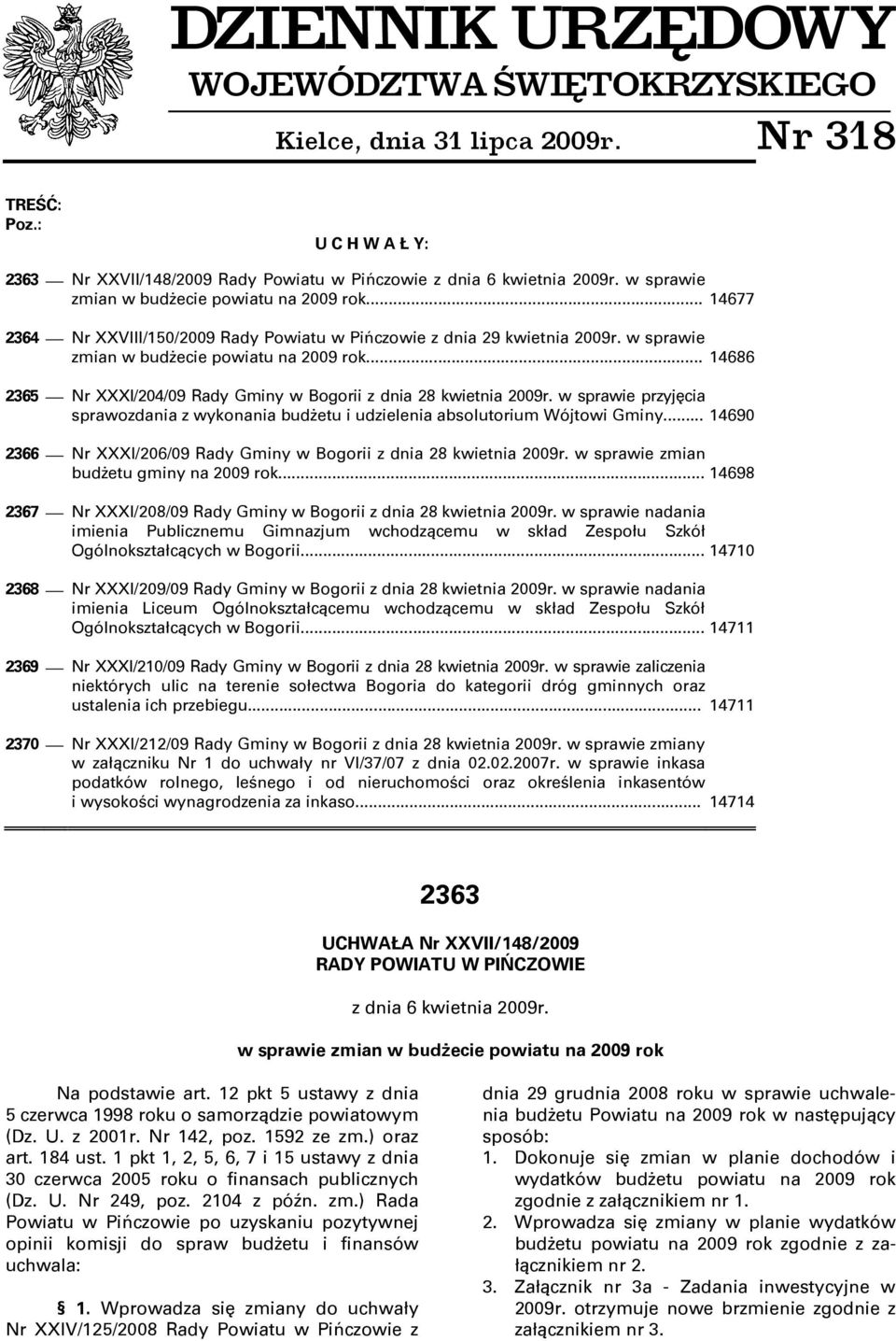.. 14686 2365 Nr XXXI/204/09 Rady Gminy w Bogorii z dnia 28 kwietnia 2009r. w sprawie przyjęcia sprawozdania z wykonania budŝetu i udzielenia absolutorium Wójtowi Gminy.