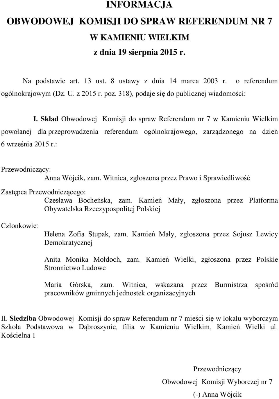 Witnica, zgłoszona przez Prawo i Sprawiedliwość Czesława Bocheńska, zam. Kamień Mały, zgłoszona przez Platforma Obywatelska Helena Zofia Stupak, zam.